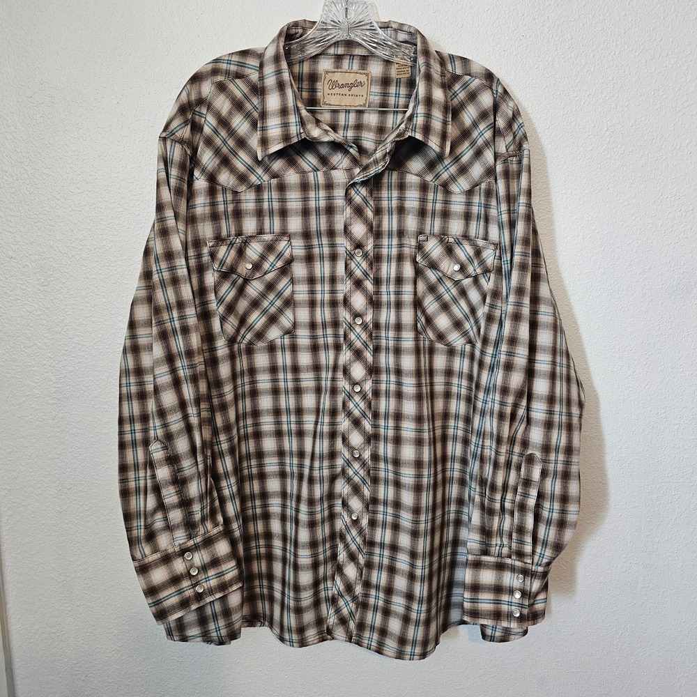 Wrangler Pearl Snap Western Shirt Men's Size 3XL Brown, White, and Blue Plaid‎